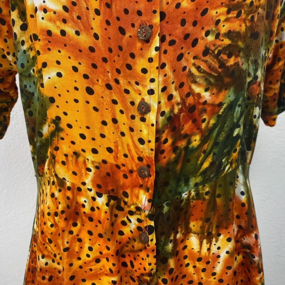 Vintage Womans Midi Dress Medium  Rayon Orange Tie-Dye Boho Peasant Y2K Festival